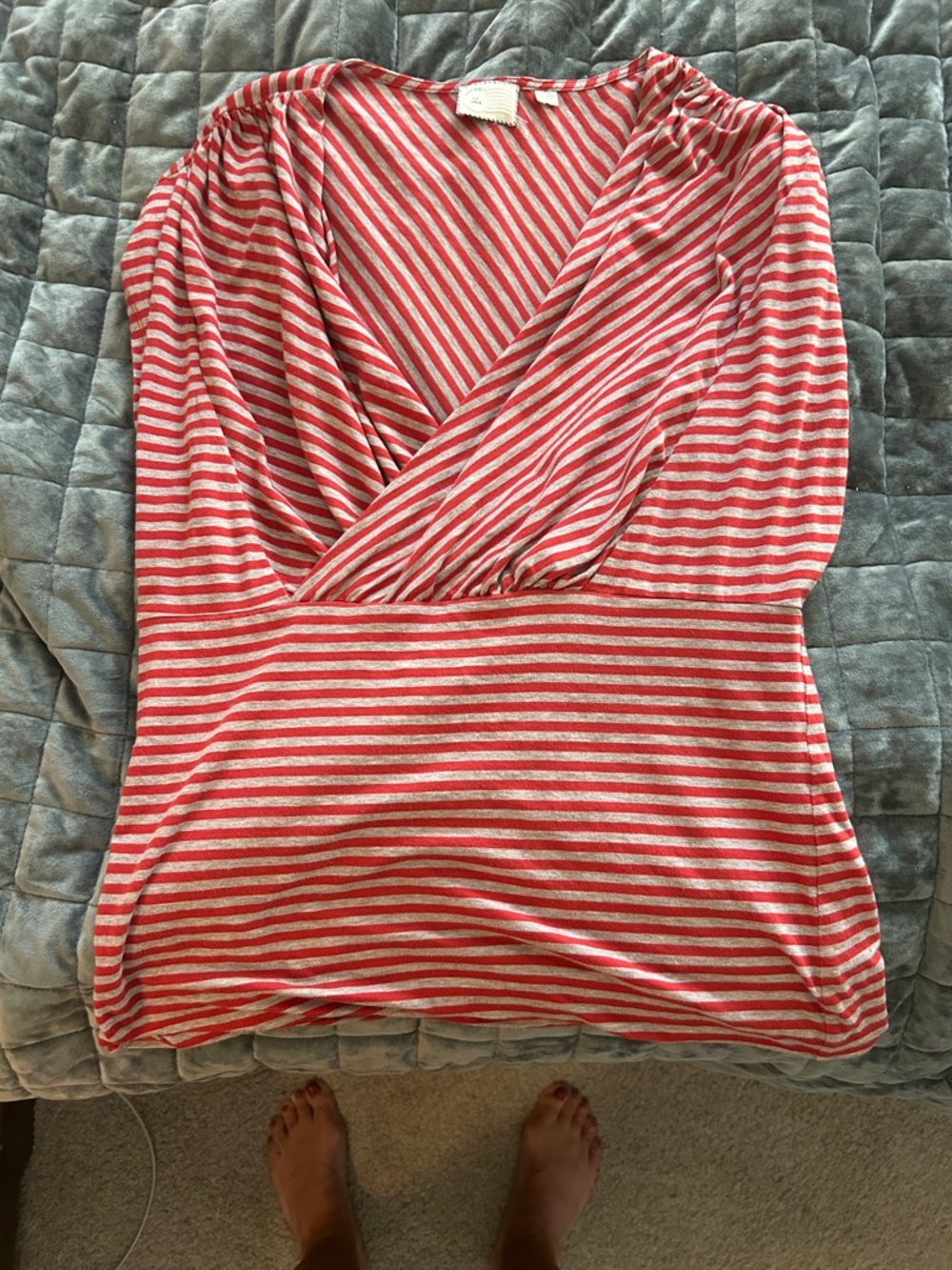 Anthropologie Red and White Striped Short Sleeve Wrap Top